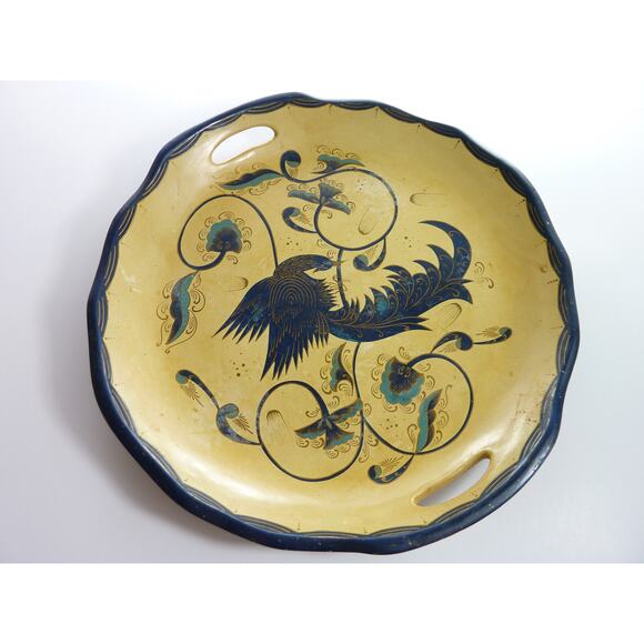 Vintage Hand Painted Round Wood Tray bowl Bird Flowers Phoenix - Picture 1 of 8